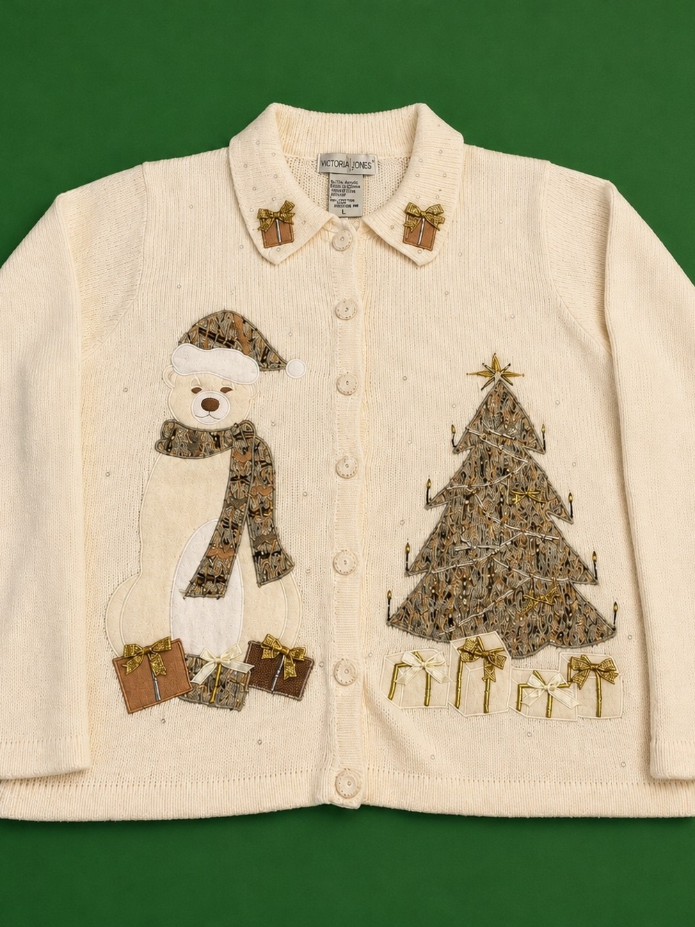 Vintage Victoria Jones Embroidered Holiday Bear & Tree Button-Front Cardigan